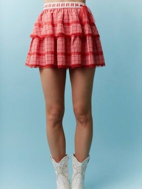 Peach Love California Red Plaid Tiered Mini Skirt